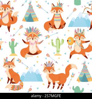 Seamless tribal fox pattern. Cute foxes in Indian feather warbonnet, wild animal and tribals tent cartoon vector illustration. Background with funny characters and ethnic native American decorations.. Seamless tribal fox pattern. Cute foxes in Indian feather warbonnet, wild animal and tribals tent cartoon vector illustration Stock Vector