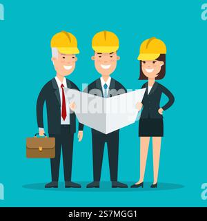 Flat smiley businesspeople in helmets studying project document vector illustration. Successful Business Constructing teamwork concept. Stock Vector