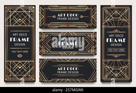 Golden art deco banner frames. Geometric gold lines frame, luxury decorative corners and premium label vector set. Collection of elegant card templates decorated by retro ornaments in 1920s style.. Golden art deco banner frames. Geometric gold lines frame, luxury decorative corners and premium label vector set Stock Vector