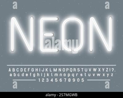 Bright glowing white neon sign characters. Vector font with simple glow realistic light effects alphabet text letters and numbers lamps template on gray background. Bright glowing white neon sign characters. Vector font with glow light letters and numbers lamps Stock Vector