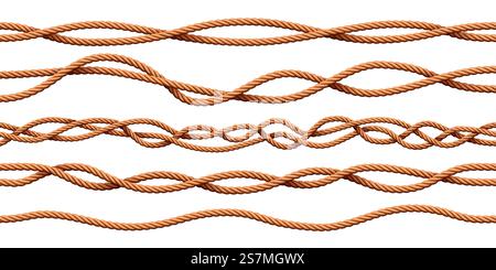 Cable ropes. Realistic cartoon sailor twisted cord brushes. Curved nautical jute twine dividers. Decorative thread vector background pattern. Illustration border knot horizontal. Cable ropes. Realistic cartoon sailor twisted cord brushes. Curved nautical jute twine dividers. Decorative thread vector background pattern Stock Vector