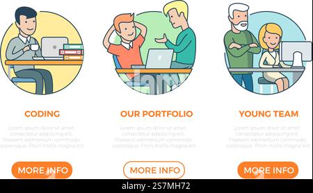 Linear flat page web design template infographics website icons thin line vector illustration. Coding, portfolio, team, programmer. Business team concept. Stock Vector