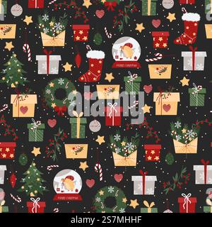 Christmas pattern with gifts, envelopes, socks, sweets on a dark background. Christmas tree. New year seamless background with festive elements Stock Vector