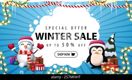 Special offer, winter sale, up to 50 off, blue discount banner with garlands, icicles, white abstract cloud of circles, snowmen and penguin in Santa Claus hat with presents Stock Vector