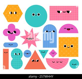 Geometric shapes characters. Basic abstract geometry figures with cartoon faces. Trendy educational objects for preschool kids vector set. Circle, rectangle, triangle and rhombus elements. Geometric shapes characters. Basic abstract geometry figures with cartoon faces. Trendy educational objects for preschool kids vector set Stock Vector