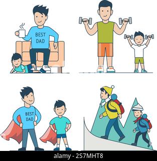 Linear Flat parent father with children son vector illustration set. Home leisure time, sport, superhero, hiking. Best dad, parenting, family value concept. Stock Vector