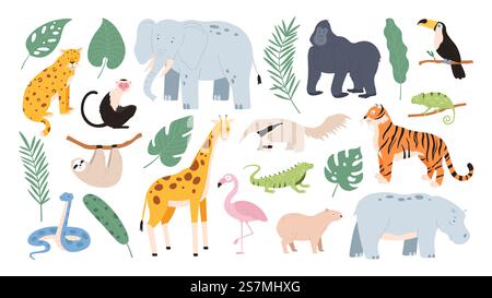 Flat tropical animals from african savannah and jungle forest. Cartoon tiger, monkey, flamingo, elephant and sloth. Safari animal vector set. Illustration of jungle wild animal collection. Flat tropical animals from african savannah and jungle forest. Cartoon tiger, monkey, flamingo, elephant and sloth. Safari animal vector set Stock Vector