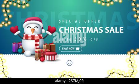 Special offer, Christmas sale, up to 50 off, green and white discount banner for website with wavy line, garland and snowman in Santa Claus hat with gifts Stock Vector