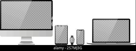 Devices with transparent wallpaper mockup. Device size screen, gadget display template, computer desktop, smartphone and smart watch. Vector illustration. Devices with transparent wallpaper mockup. Device size screen Stock Vector