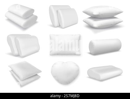 Realistic white cotton orthopedic pillows, square and round cushions. 3d feather fluffy pillow and bolster mockup for bed or sofa vector set. Comfortable element for neck rest and sleeping Stock Vector