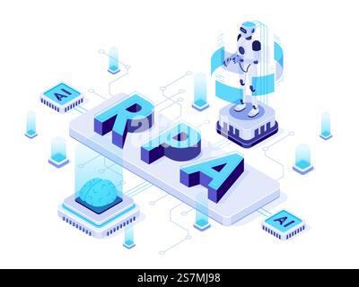 Isometric RPA. Robotic process automation, futuristic artificial intelligence robots and AI learning. Future factory machining work logistic, robotic welding process vector illustration. Isometric RPA. Robotic process automation, futuristic artificial intelligence robots and AI learning vector illustration Stock Vector