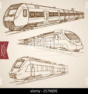 Engraving vintage hand drawn vector modern high speed train collection. Pencil Sketch railway transport illustration. Stock Vector