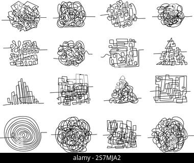 Chaos line scribbles and random tangled maze shapes. Pen doodle concept of messy thoughts, complicated problem and confused mind vector set. Confusion or disorder elements isolated on white Stock Vector