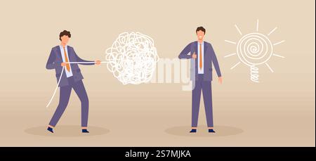 Business problem solving process concept with chaos and order line. Flat businessman character pull tangled wire into line bulb vector idea. Managers with clear mind and confusion or difficulty Stock Vector