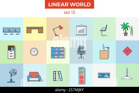 Linear flat office furniture vector illustration set. Room interior concept. Chart, shelf, table, chair, plant, lamp. Stock Vector