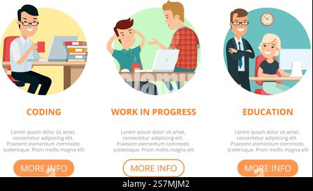 Flat page web design template infographics website icons thin line vector illustration. Coding, portfolio, team, programmer. Business team concept. Stock Vector