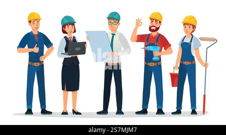Technician workers and engineers team. Technicians people group, engineering worker and construction. Industrial engineers workers, builders characters isolated cartoon vector illustration. Technician workers and engineers team. Technicians people group, engineering worker and construction cartoon vector illustration Stock Vector