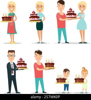 Happy parents and children birthday holiday celebration flat web infographic character vector icon set. Kids and people with party cake pie candles. Parenting family and sweet deserts collection. Stock Vector