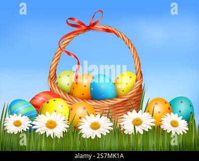Easter background. Easter eggs and flower with basket in the grass.  Vector Stock Vector