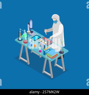 Flat 3d isometric science lab experiment research pharmaceutics chemical concept web infographics vector illustration. Scientist dropper flask test tube. Creative people collection. Stock Vector