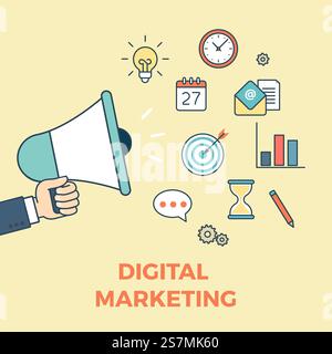 Flat style linear website digital marketing startup ideas concept web infographics icons. Loudspeaker message target, email, lamp, calendar, clock time, hourglass, sandglass, gears, pencil, schedule, chart, graph Stock Vector