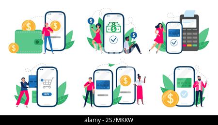 Mobile payments. People with smartphones send money transfers, POS-terminal payment and financial transactions. Bank app internet transaction technology. Isolated vector illustration icons set. Mobile payments. People with smartphones send money transfers, POS-terminal payment and financial transactions vector illustration set Stock Vector