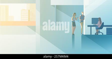 Modern Office interior open-space flat design vector illustration. Woman sitting working with desktop computer with boss manager customer client colleague standing. Business people talking Stock Vector