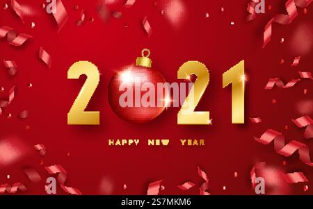 Happy New Year 2021. Background with shining numerals, ball and ribbons. New year and Christmas card illustration on red background. Holiday vector illustration of golden numbers 2021. Happy New Year 2021. Background with shining numerals, ball and ribbons. New year and Christmas card illustration on red background. Holiday illustration of golden numbers 2021 Stock Vector