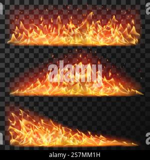 Realistic long fire. Horizontal bright flames and flare sparks for burning effect. Bonfire blaze elements for banners, isolated vector set. Illustration blazing flare, ignite fiery, danger red fire. Realistic long fire. Horizontal bright flames and flare sparks for burning effect. Bonfire blaze elements for banners, isolated vector set Stock Vector