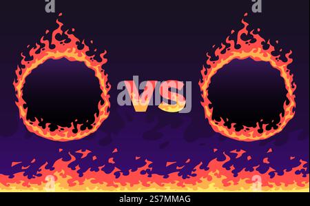 Fire versus frame. Sport challenges battle, flaming VS banner and fire flame frames vector illustration. Competitive confrontation, championship fight title screen design with copyspace. Fire versus frame. Sport challenges battle, flaming VS banner and fire flame frames vector illustration. Competitive confrontation, championship match title screen design with copyspace Stock Vector