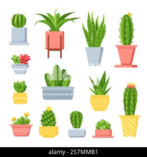 Cactus and succulents. Cute cartoon cacti in pots. Mexican exotic home plant with spines and flowers. Decorative garden succulent vector set. Illustration mexican houseplant, exotic flora in pot. Cactus and succulents. Cute cartoon cacti in pots. Mexican exotic home plant with spines and flowers. Decorative garden succulent vector set Stock Vector