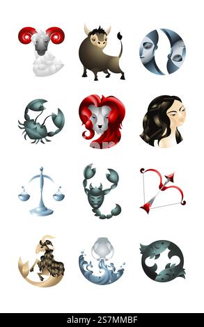 Set of horoscope signs. Zodiac signs put in thee columns isolated on white background and colored in trigons colors.. Set of Zodiac Signs Stock Vector
