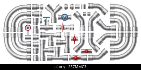 Metal pipeline. Steel pipes, pipe connectors and industrial valves vector illustration set. Collection of different parts of sewerage, drainage, plumbing or water supply system. Bundle of tubes.. Metal pipeline. Steel pipes, pipe connectors and industrial valves vector illustration set Stock Vector