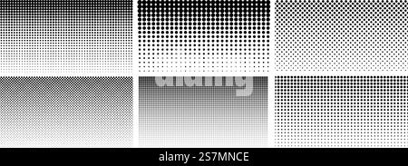 Halftone gradient. Dotted gradient, smooth dots spraying and halftones dot background seamless horizontal geometric pattern vector template set. Abstract dot gradient halftone pattern illustration. Halftone gradient. Dotted gradient, smooth dots spraying and halftones dot background seamless horizontal geometric pattern vector template set Stock Vector
