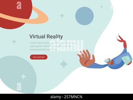 Virtual Reality VR Technology flat vector design illustration. Man in Virtual Glasses flying in space with planets Stock Vector