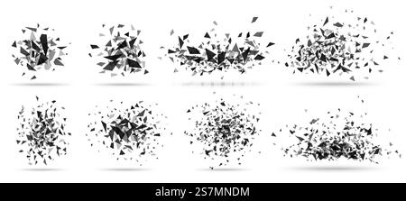Abstract shatter burst. Geometric texture, dark triangles bursts and broken shattered debris vector set. Flying black shapes explosion, particles spray isolated on white. Abstract shatter burst. Geometric texture, dark triangles bursts and broken shattered debris vector set Stock Vector