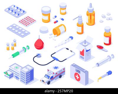 Isometric first aid kit. Health care medical pills, pharmacy medicines and drug bottles. Hospital ambulance, pill case or wound safety supplies. Healthcare 3d isolated vector icons set. Isometric first aid kit. Health care medical pills, pharmacy medicines and drug bottles. Hospital ambulance 3d isolated vector set Stock Vector
