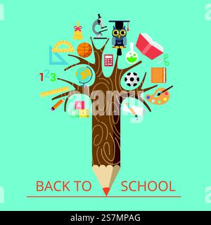 Flat conceptual pencil tree with science and classes types vector illustration. Education, back to school concept. Math, reading, literature, chemistry, geography, sports, biology and painting icons. Stock Vector
