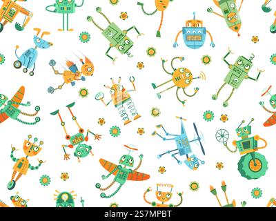 Seamless robots pattern. Robot rocket, colorful robotic dog and programming robots for kids vector illustration. Cyborg mechanical seamless pattern, robot machine. Seamless robots pattern. Robot rocket, colorful robotic dog and programming robots for kids vector illustration Stock Vector