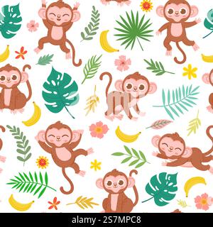 Seamless pattern with baby monkey, banana and tropical leaves. Cartoon childish jungle animal print for fabric. Cute monkeys vector texture. Illustration of seamless pattern jungle with monkeys. Seamless pattern with baby monkey, banana and tropical leaves. Cartoon childish jungle animal print for fabric. Cute monkeys vector texture Stock Vector
