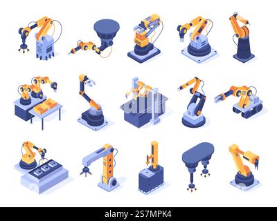 Isometric robotic arm. Industrial factory machines, manufacturing automatisation and production line robot arms. Engineer robotic mechanism arm futuristic tech 3d isolated vector icons set. Isometric robotic arm. Industrial factory machines, manufacturing automatisation and production line robot arms 3d vector set Stock Vector