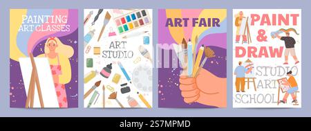 Art school or classes posters with characters and painting supply. Creative drawing course banners with paint brush and material vector set. Illustration of artist painting school banner. Art school or classes posters with characters and painting supply. Creative drawing course banners with paint brush and material vector set Stock Vector