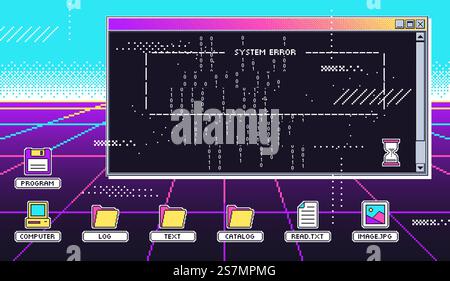 Vaporwave 80s interface screen. Retro terminal or old computer screen, virtual hack attack and program glitch system error vector illustration. Nostalgic OS desktop with graphical control elements.. Vaporwave 80s interface screen. Retro terminal or old computer screen, virtual hack attack and program glitch system error vector illustration Stock Vector