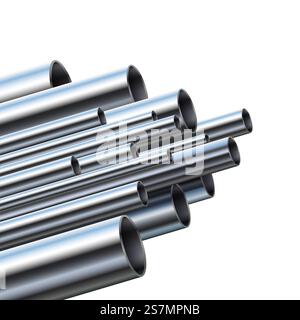 Industrial different diameter metal pipes. Aluminum or steel pipe, glossy metallic pipes vector illustration. Shiny silver tubes for plumbing. Modern decorative design element for banner, poster.. Industrial different diameter metal pipes. Aluminum or steel pipe, glossy metallic pipes vector illustration Stock Vector