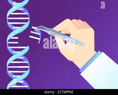 CRISPR CAS9 Gene editing tool. Genome edits, human dna genetic engineering and DNA code vector illustration. Modern laboratory research biotechnology concept with scientist hand and tweezers. CRISPR CAS9 Gene editing tool. Genome edits, human dna genetic engineering and DNA code vector illustration Stock Vector