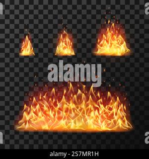 Burning fire flames or hot flaming blaze fireball. Blazing fires symbol or red cartoon forest campfire warm fireplace silhouette isolated vector icon flame realistic set. Burning fire flames or hot flaming blaze fireball. Blazing fires isolated vector set Stock Vector