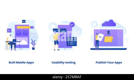 Mobile apps development concept vector illustration set. illustrations for websites, landing pages, mobile applications, posters and banners. Stock Vector