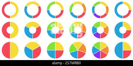 Colorful pie and donut charts. Circle chart, circle sections and round donuts chart pieces. Business infographic vector set. Piechart information template for business workflow and annual reports. Colorful pie and donut charts. Circle chart, circle sections and round donuts chart pieces. Business infographic vector set Stock Vector