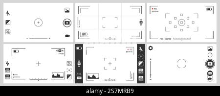 Photo camera viewfinders. Photography ui zoom, adjustment focus frame and digital viewfinder. Recorder cam display, rec viewfinders screen or movie recording preview vector set. Photo camera viewfinders. Photography ui zoom, adjustment focus frame and digital viewfinder vector set Stock Vector