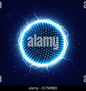 Power energy sphere with electrical thunder shining. Ball with dots surrounded with bright blue lightning. Round object impulsing with with electric flash. modern technology vector illustration. Power energy sphere with electrical thunder shining. Ball with dots surrounded with bright blue lightning Stock Vector
